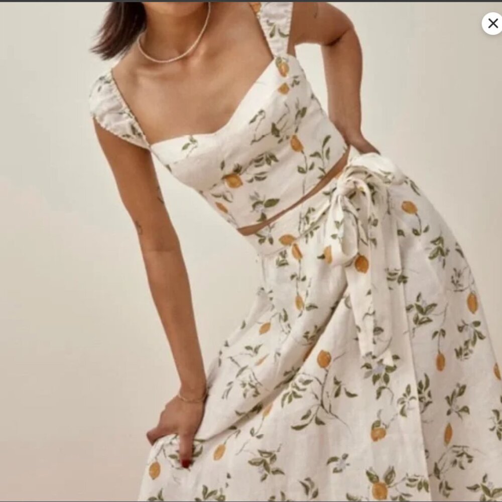 Reformation Clyde Linen Two Piece Dress / Skirt - Citron - Size 10 / Medium